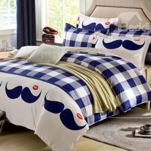Plaid Pattern and Mustache Design 4-Piece Duvet Cover Set