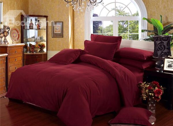 Luxury Solid Wine Red Classy 4-Piece Cotton Duvet Cover Sets