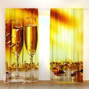 Golden Color Wine Glass Print 3D Blackout Curtain