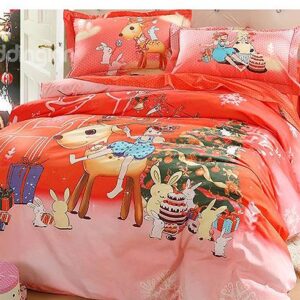 Cartoon Elk Christmas Gift Print 4-Piece Duvet Cover Sets