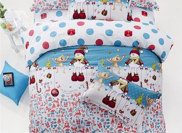 Lovely Snowman Christmas Gift Print 4-Piece Cotton Duvet Cover Sets