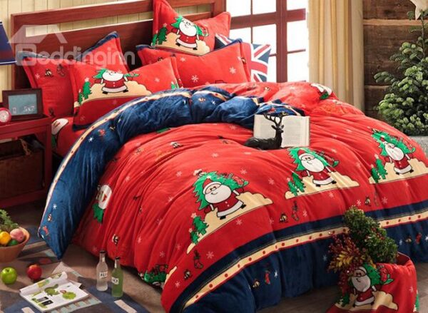 Santa Claus & Christmas Tree Print 4-Piece Duvet Cover Sets