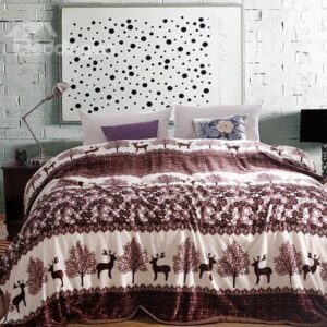Elk Trees and Flowers Print Coral Fleece Blanket