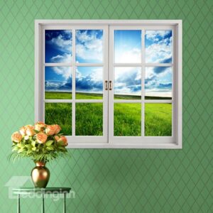 Green Grass Field under Clear Blue Sky Window View Removable 3D Wall Sticker