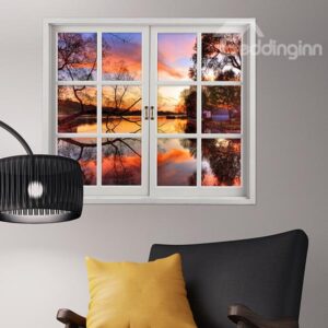 Beautiful Sunset in a Lake House Window View Removable 3D Wall Sticker