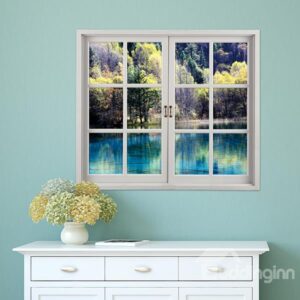 Natural Scenery Lake in Forest Window View Removable 3D Wall Sticker