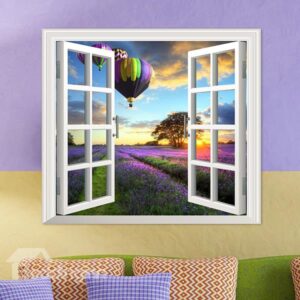 Air Balloons Over Lavender Field Window View Removable 3D Wall Sticker