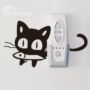 Creative Cat with Fish in Mouth Light Switch Removable Wall Sticker