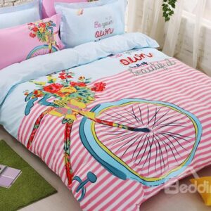 Bike Print Stripe Pattern Kids Cotton 4-Piece Duvet Cover Set