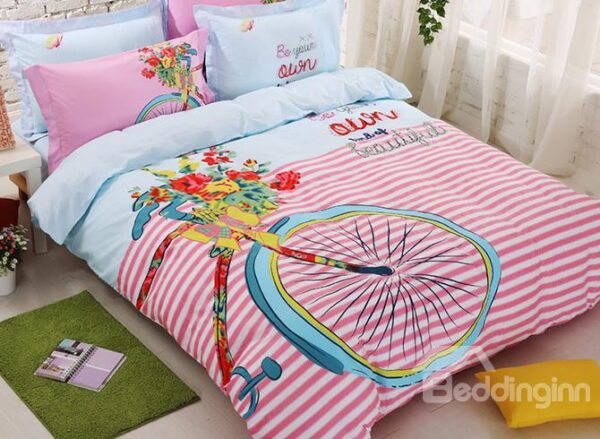 Bike Print Stripe Pattern Kids Cotton 4-Piece Duvet Cover Set