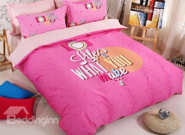 Pink Camera Print Cotton 4-Piece Duvet Cover Set