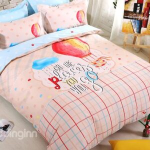 Plaid Pattern Air Balloon Print Kids Cotton 4-Piece Duvet Cover Set