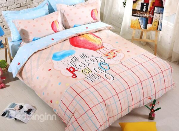Plaid Pattern Air Balloon Print Kids Cotton 4-Piece Duvet Cover Set