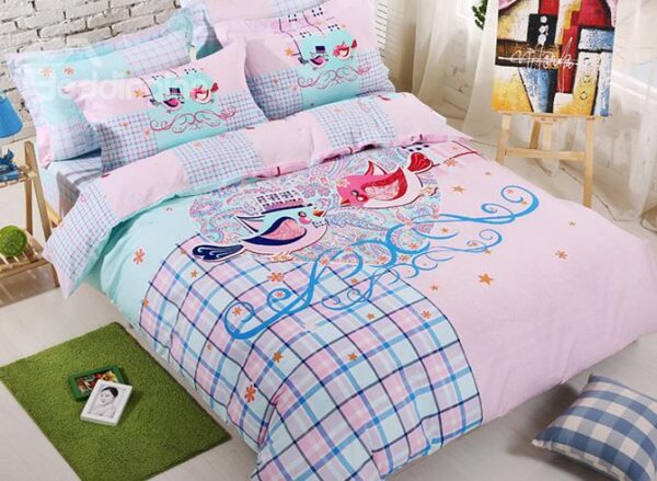 100% Cotton Lovely Birds Print 4-Piece Duvet Cover Set