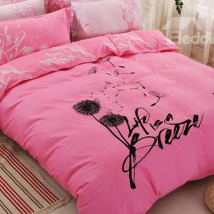 Pink Dandelion Print 100% Cotton 4-Piece Duvet Cover Set