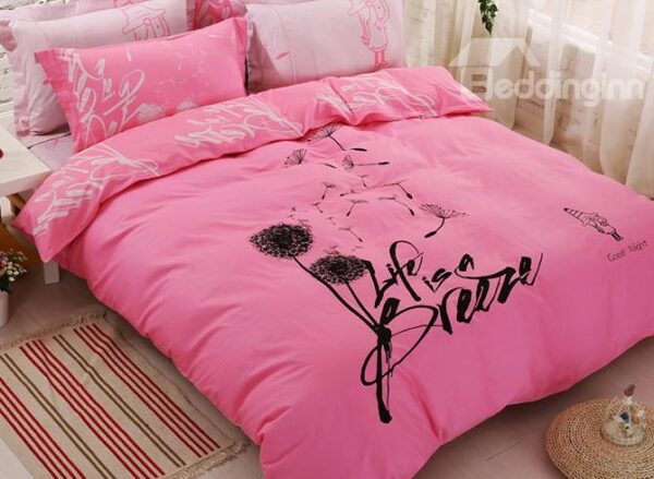 Pink Dandelion Print 100% Cotton 4-Piece Duvet Cover Set