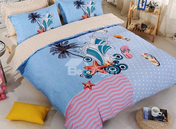 Lovely Beach Scene Cotton 4-Piece Kids Duvet Cover Set