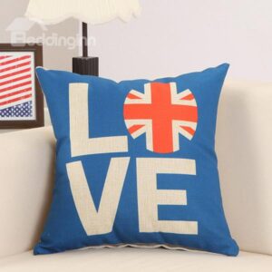 Creative Love Britain Print Blue Cotton Linen Decorative Throw Pillow