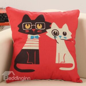 Cute Two Cats Print Cotton Linen Red Square Throw Pillow