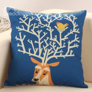 European Style Adorable Deer Print Cotton Linen Decorative Throw Pillow