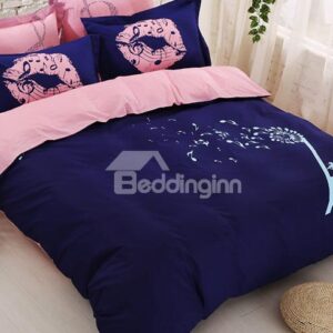 Dark Blue Lips and Musical Note Pattern Cotton Kids 4-Piece Duvet Cover Set