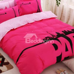 Glamorous Paris Print Cotton 4-Piece Duvet Cover Set