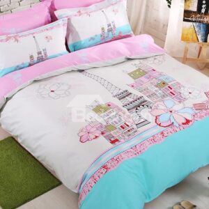 100% Cotton City Scene and Flower Print 4-Piece Duvet Cover Set