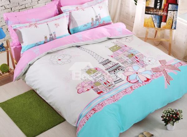 100% Cotton City Scene and Flower Print 4-Piece Duvet Cover Set