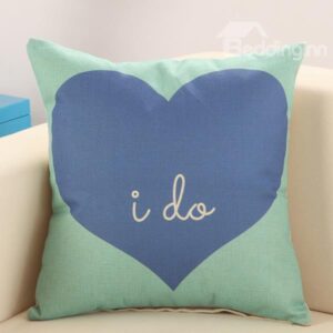 Refreshing Blue Heart Green Cotton Linen Throw Pillow