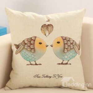 Cute Kissing Couple Birds Print Cotton Linen Throw Pillow