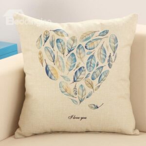 Blue Feather Heart Shape Design Cotton Linen Throw Pillow