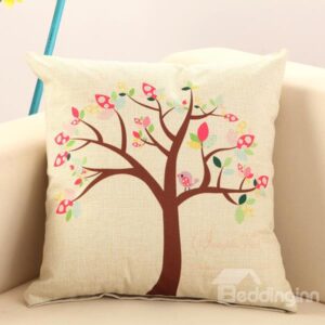 Bird Singing on Tree Print Cotton & Linen Throw Pillow