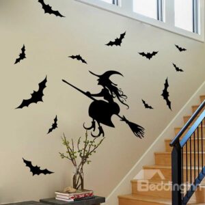 Festival Halloween Theme Witch Flying on Broom Removable Wall Sticker