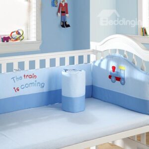 The Train Is Coming Blue Cotton 4-Piece Baby Crib Bedding set