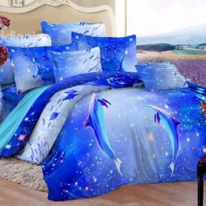 Dreamlike Shining Blue Ocean Dolphins Print 4-Piece Duvet Cover Sets