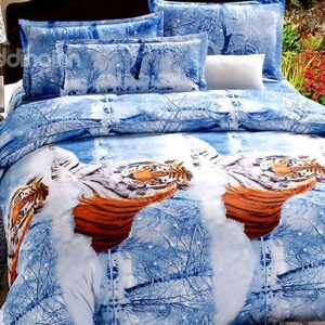 Crouched Tigers Print Blue 4-Piece Cotton Duvet Cover Sets