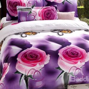 Roses Print Noble Purple 4-Piece Duvet Cover Sets