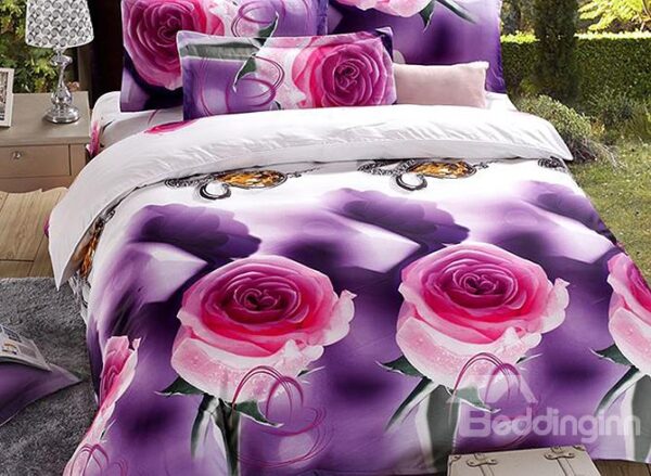 Roses Print Noble Purple 4-Piece Duvet Cover Sets