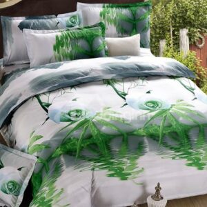 White Rose Bamboo Leaves over Water Print 4-Piece Duvet Cover Sets