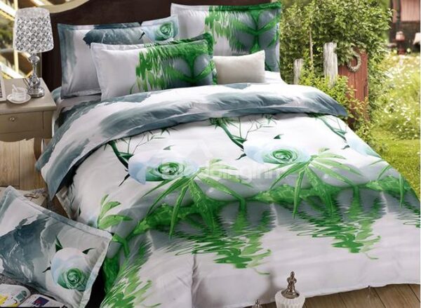 White Rose Bamboo Leaves over Water Print 4-Piece Duvet Cover Sets