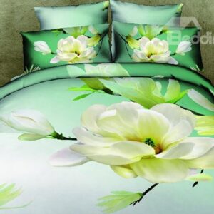 Graceful Fragrant Gardenia Print Green 4-Piece Duvet Cover Sets