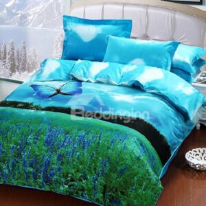 Lavender Blue Butterfly Print 4-Piece Cotton Duvet Cover Sets
