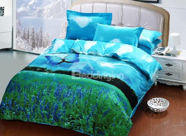 Lavender Blue Butterfly Print 4-Piece Cotton Duvet Cover Sets