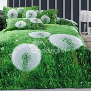 White Dandelions Refreshing Green 4-Piece Cotton Duvet Cover Sets