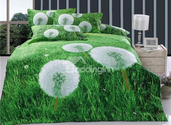 White Dandelions Refreshing Green 4-Piece Cotton Duvet Cover Sets