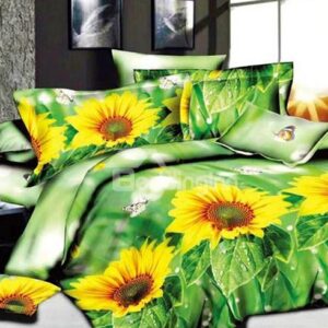 Fresh Sunflowers Butterflies Print Green 4-Piece Duvet Cover Sets