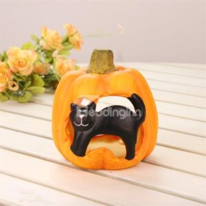 Black Cat Design Pumpkin Halloween Candlestick