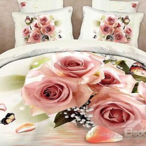 Pink Rose and Butterfly Print 4-Piece Cotton Duvet Cover Sets