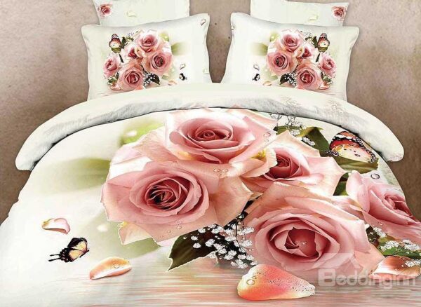 Pink Rose and Butterfly Print 4-Piece Cotton Duvet Cover Sets