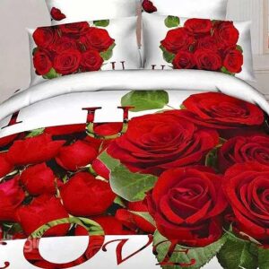 Pretty Red Rose Print 4-Piece Cotton Duvet Cover Sets